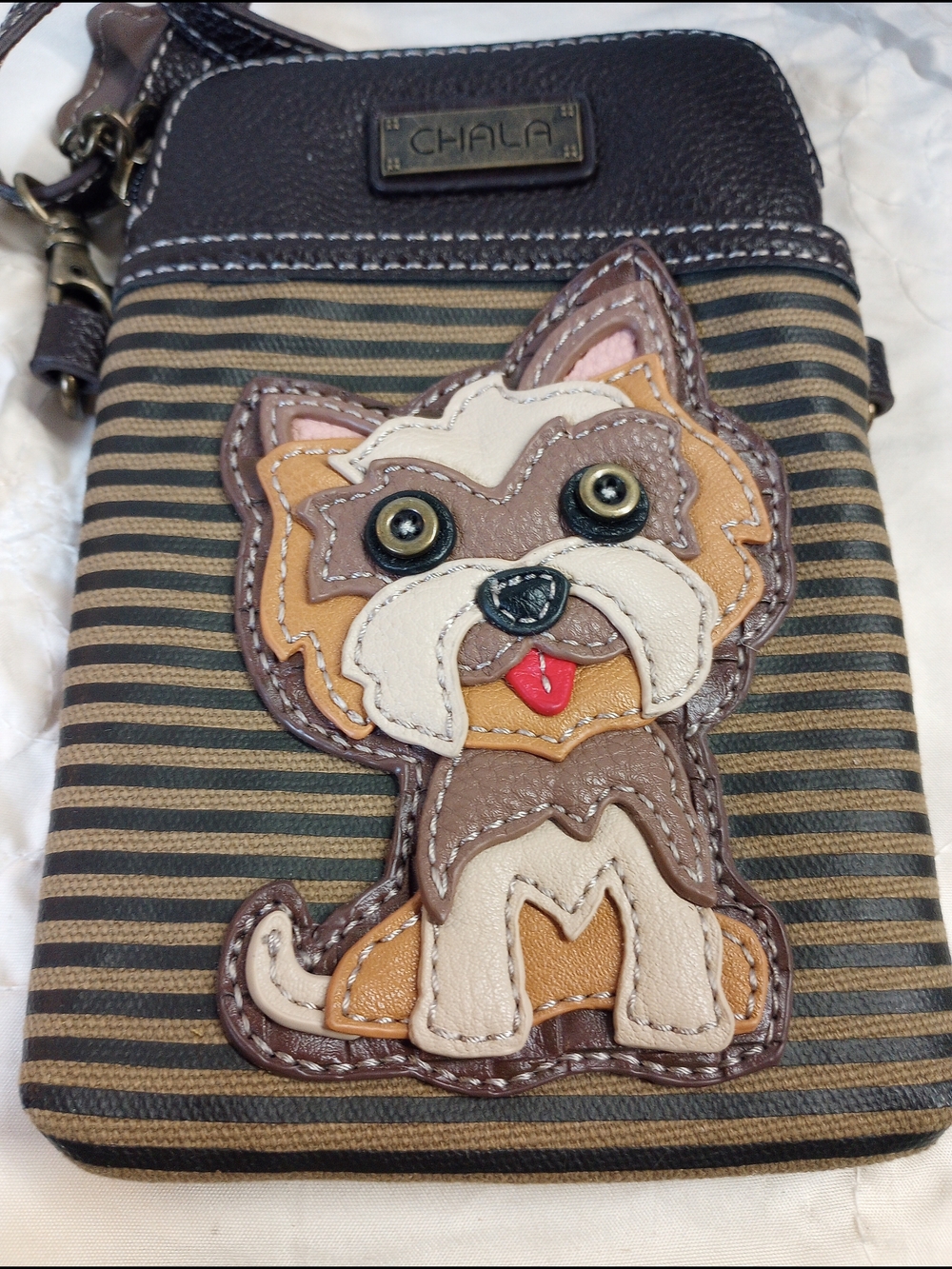 Chala Brown Stripe Dog Crossbody Phone Bag - Brown/Tan/Cream